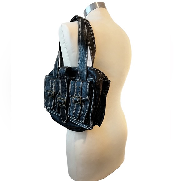 Cynthia Rowley black leather shoulder bag topstitch brass hardware zipper purse - Picture 8 of 9